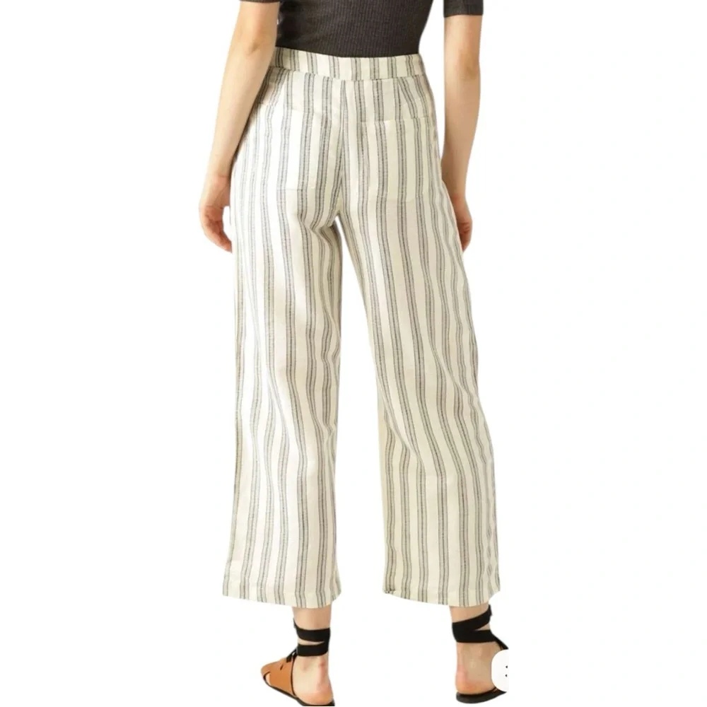 Mango‎ MNG Off-White & Black Linen Striped Cropped Parallel Trousers Pants Small
